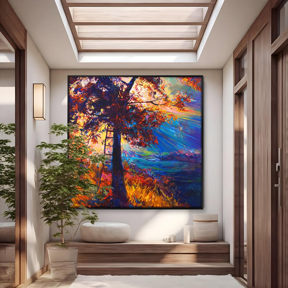 Tablou canvas cu pictura cu copac si scara, in rama de aluminiu negru